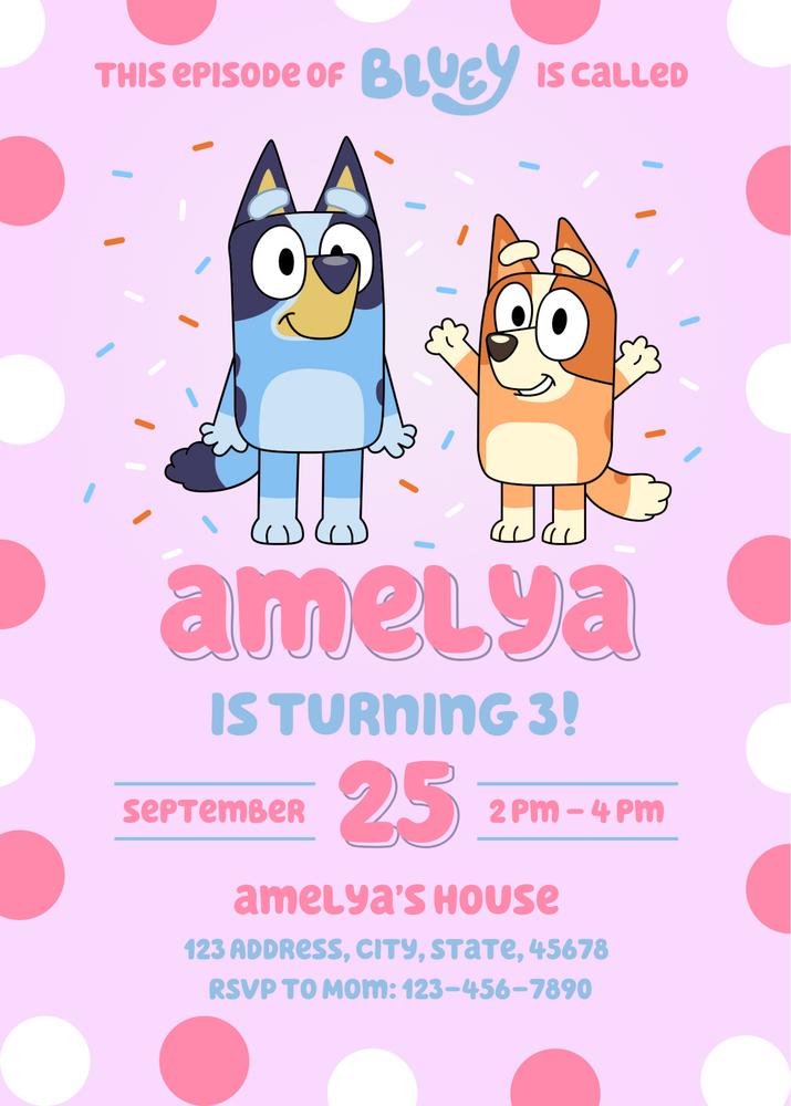 Editable Bluey and Bingo Girl Pink Birthday Invitation - Canva Template