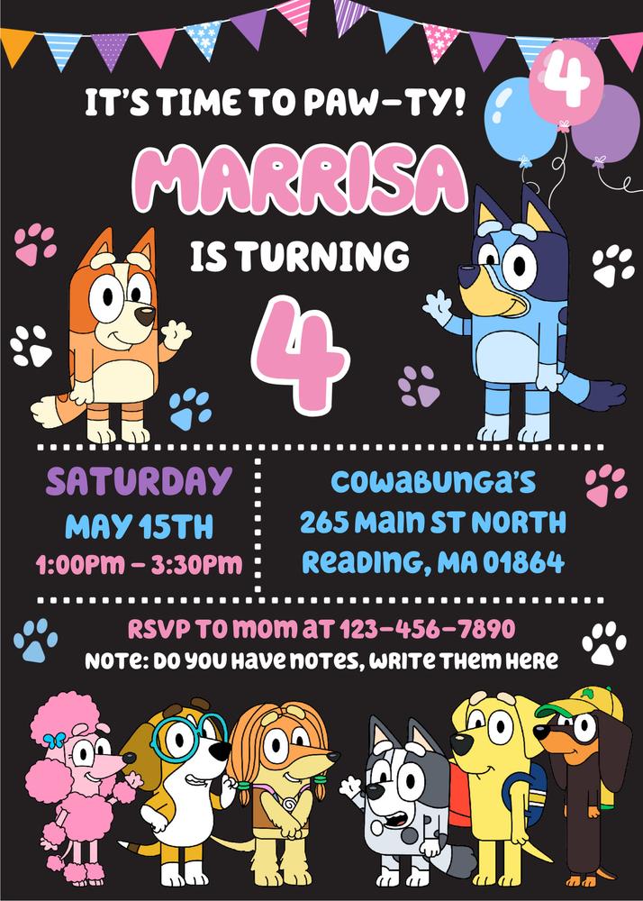 Bluey Girl Birthday Party Invitation | Editable Canva Template Pink & Blue