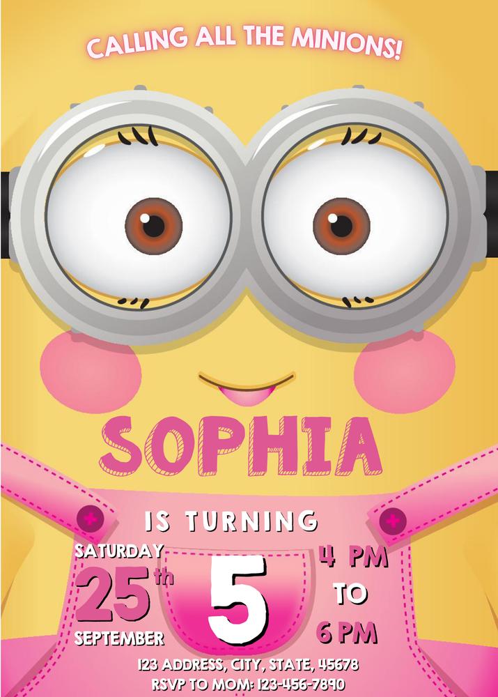 Editable Minions Birthday Invitation | Pink Girl Minion Party Template Canva