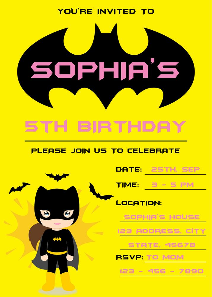 Editable Cute Girl Batman Birthday Invitation Template | Pink Hero DIY Invite