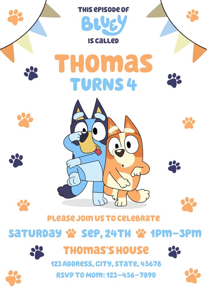 Editable Bluey and Bingo Birthday Invitation | Blue & Orange Canva Template