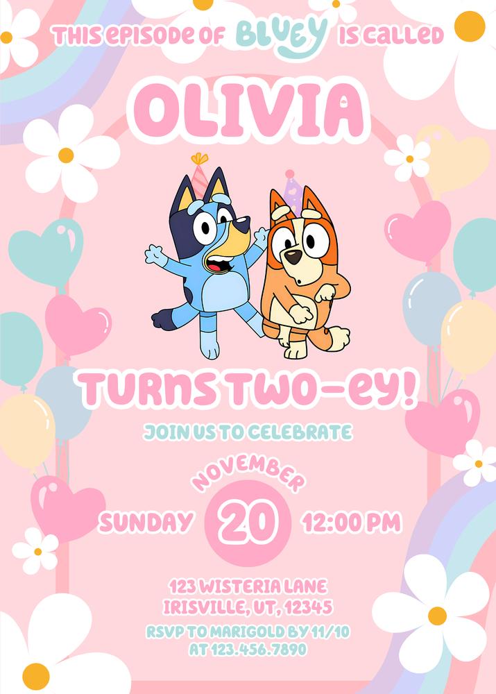 Bluey Daisy Pink Girl Birthday Invitation Template | Editable in Canva