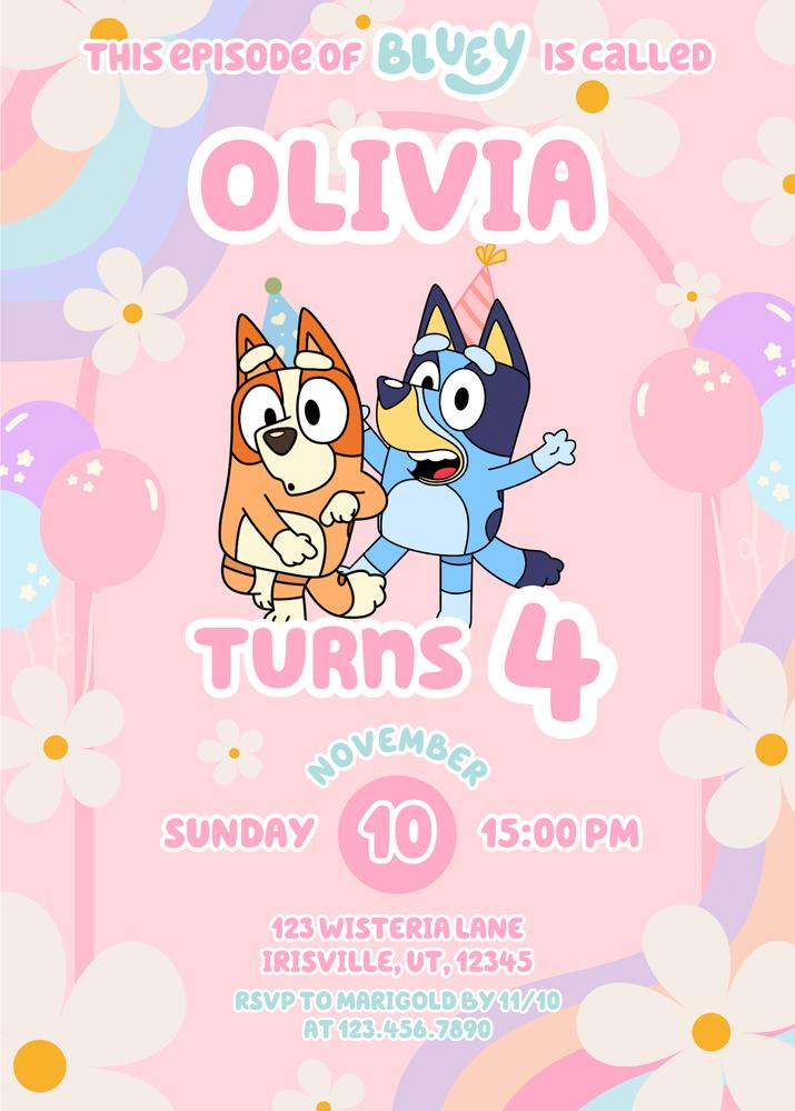 Editable Bluey Girl Birthday Invitation, Rainbow Daisy Pink Party Canva Template