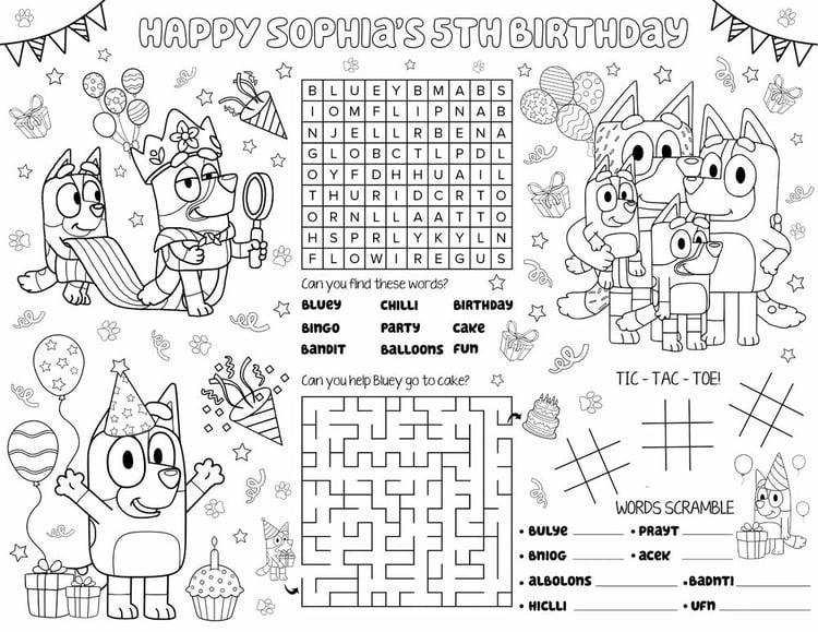 Bluey Birthday Activity Sheet | Editable Canva Birthday Placemat Template