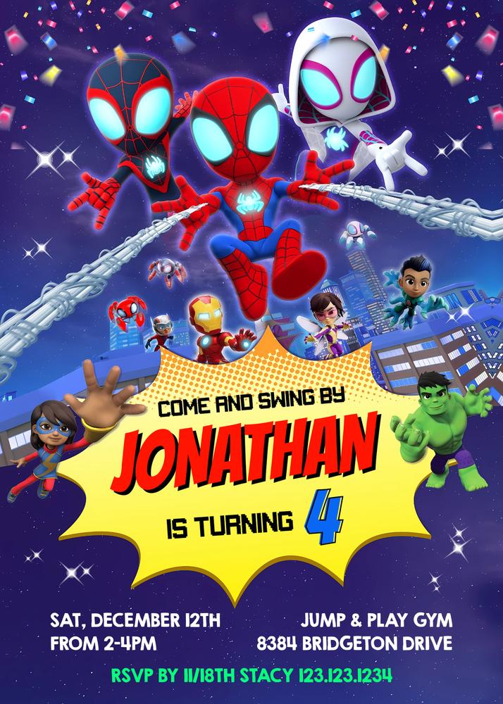 Editable Spidey and His Amazing Friends Birthday Invitation Canva Template