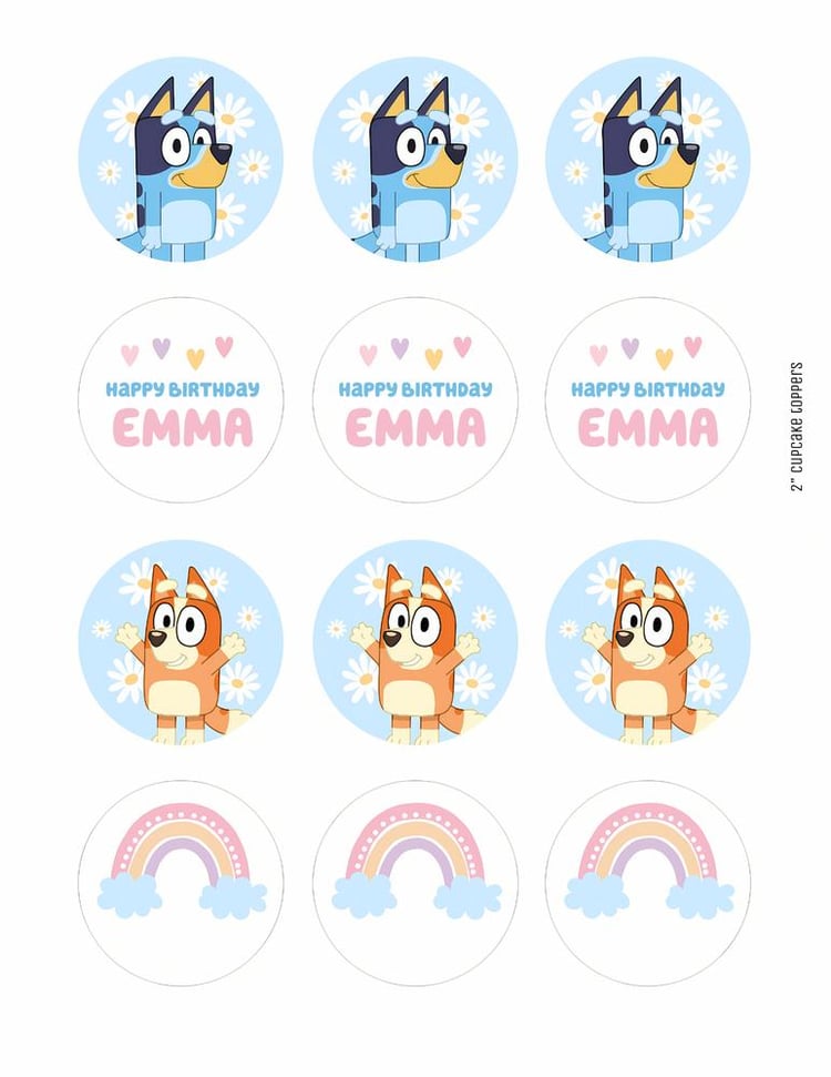 Bluey & Bingo Cupcake Toppers | Editable Blue Pink Daisy Canva Template