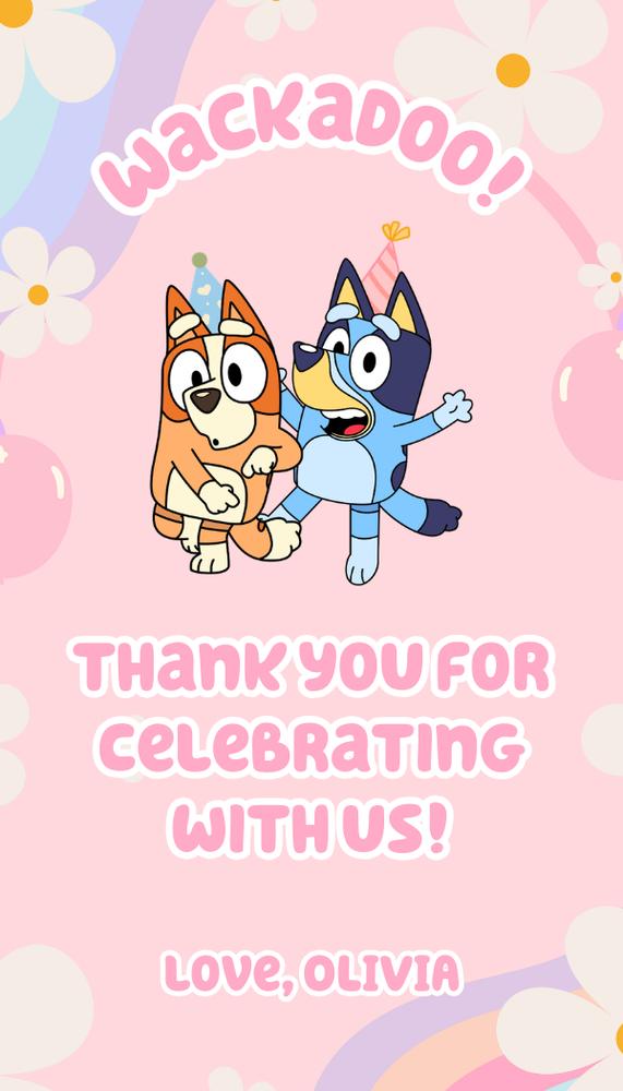 Bluey Daisy Pink Rainbow Birthday Thank You Tags | Editable Canva Template