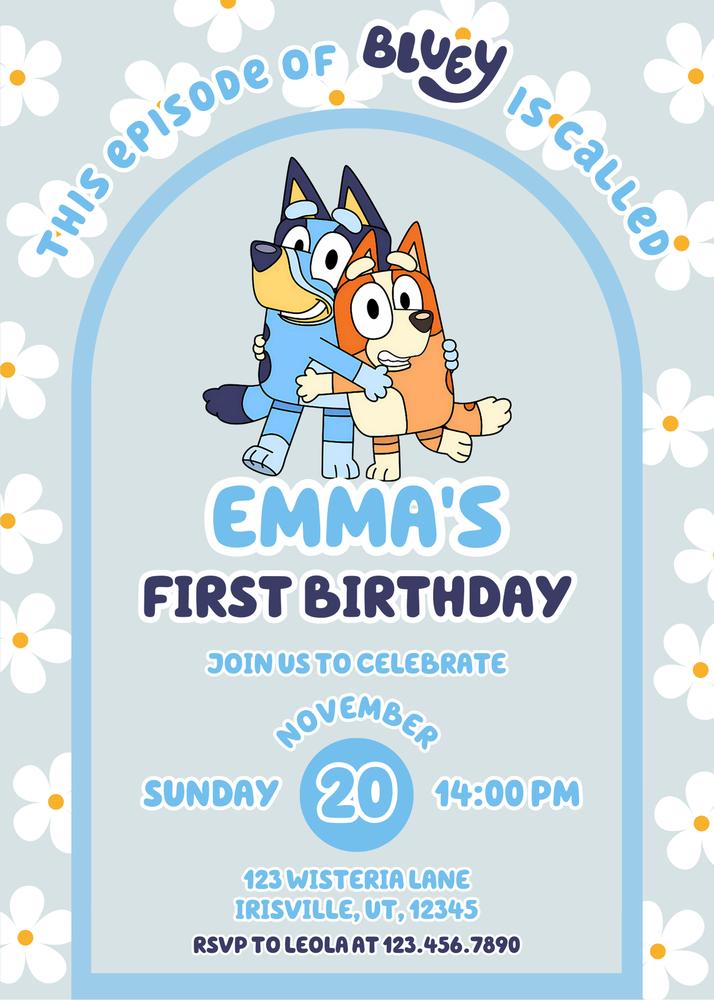 Editable Bluey & Bingo Birthday Invitation | Blue & Pink Canva Template