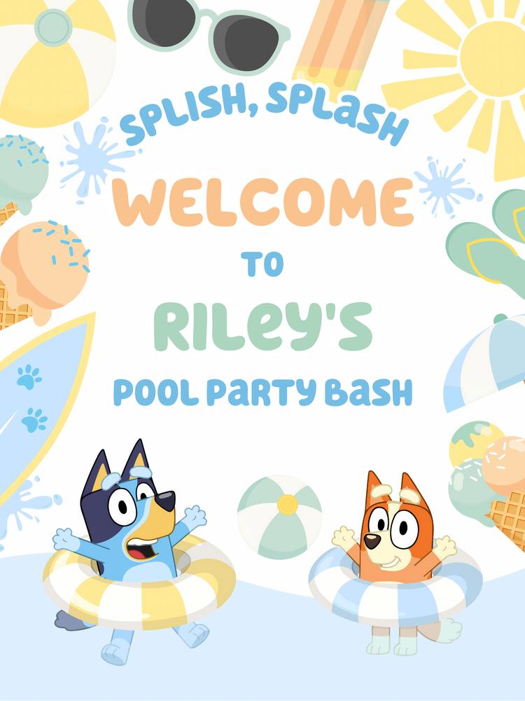 Bluey and Bingo Pool Party Welcome Sign - Editable Canva Template
