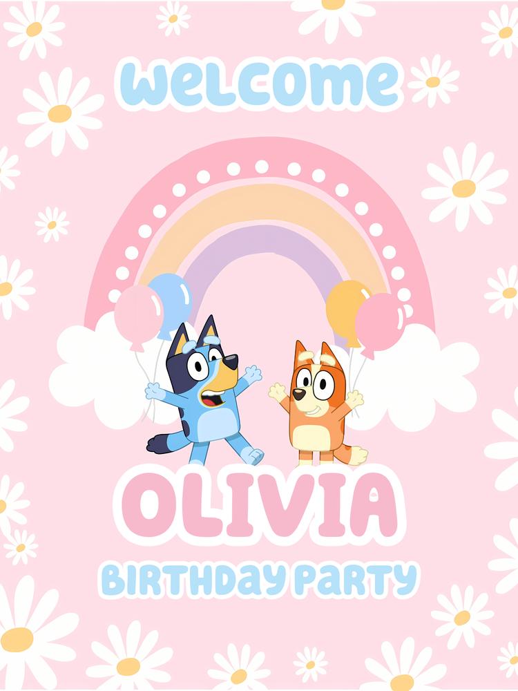 Bluey Birthday Welcome Sign Template | Pink Daisy Rainbow Party Decor
