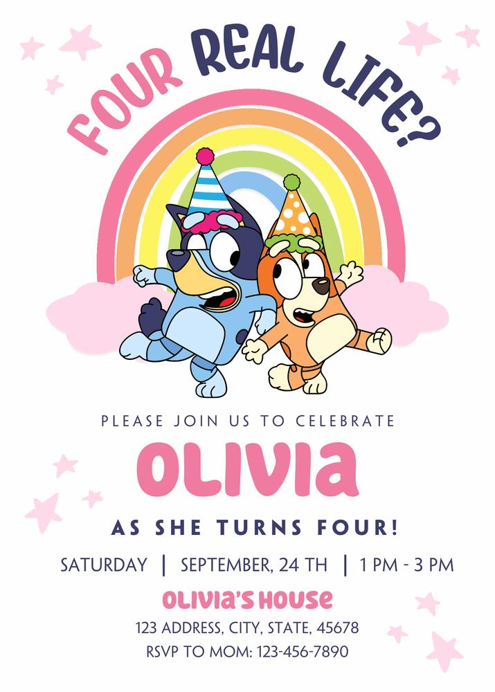 Editable Bluey and Bingo Pink Rainbow Girls Birthday Invitation Canva Template