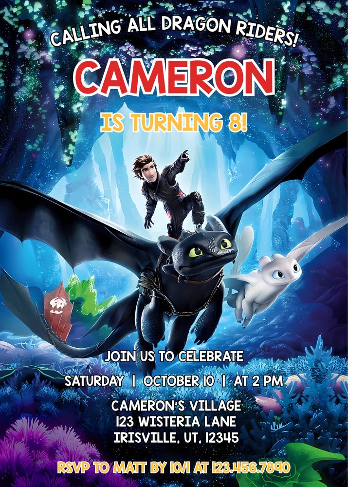 Editable How to Train Your Dragon Birthday Invite - Toothless & Light Fury