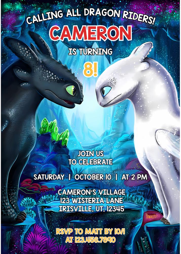 Editable How to Train Your Dragon Birthday Invite - Toothless & Light Fury