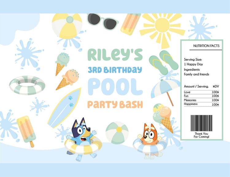 Bluey & Bingo Pool Party Chip Bag Template - Editable DIY Canva Party Favor