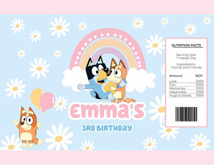 Bluey and Bingo Blue Daisy Chip Bag Template - Editable Canva Party Favor