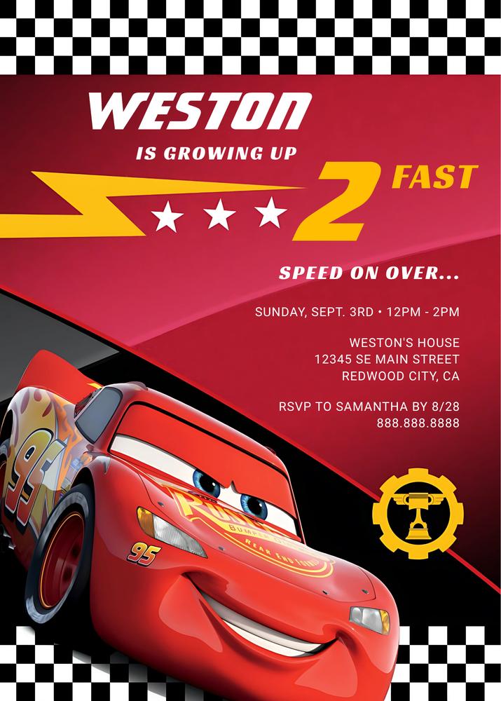 Two Fast Lightning McQueen Birthday Invitation | Editable Canva Template