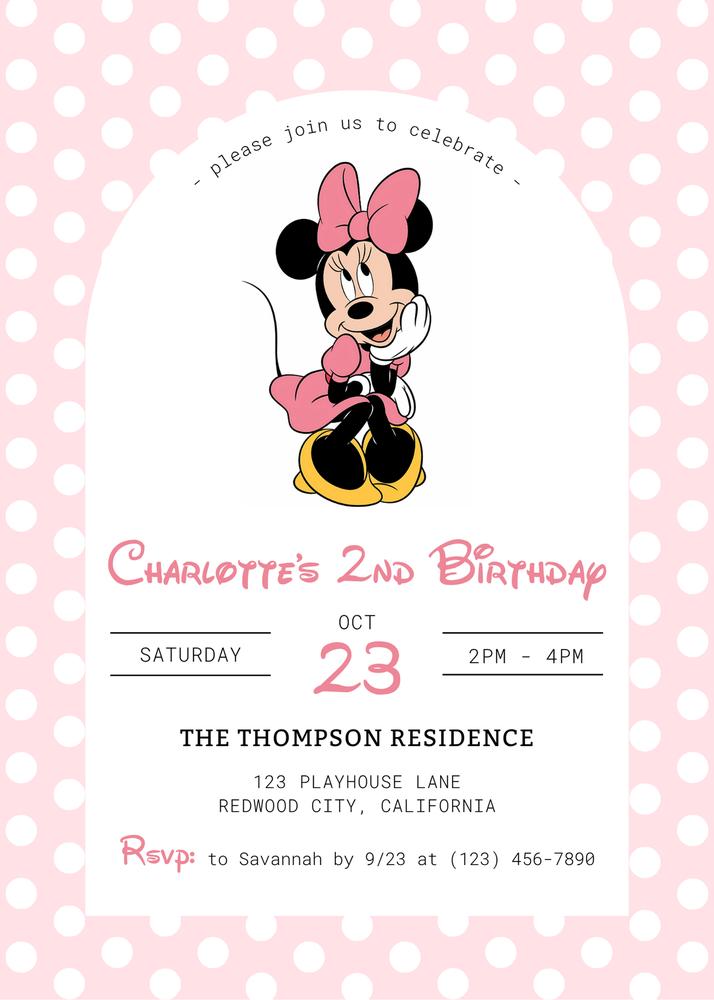 Editable Minnie Mouse Polka Dot Birthday Invitation | Pink Disney Canva Template