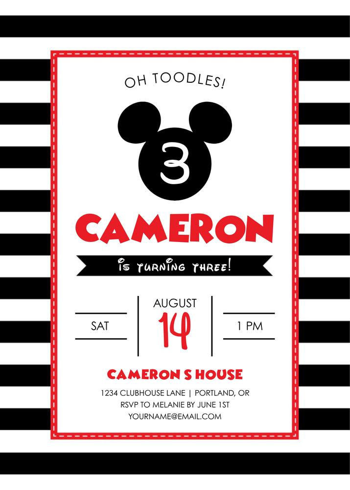 Mickey Mouse Birthday Invitation | Black & White Striped Canva Template