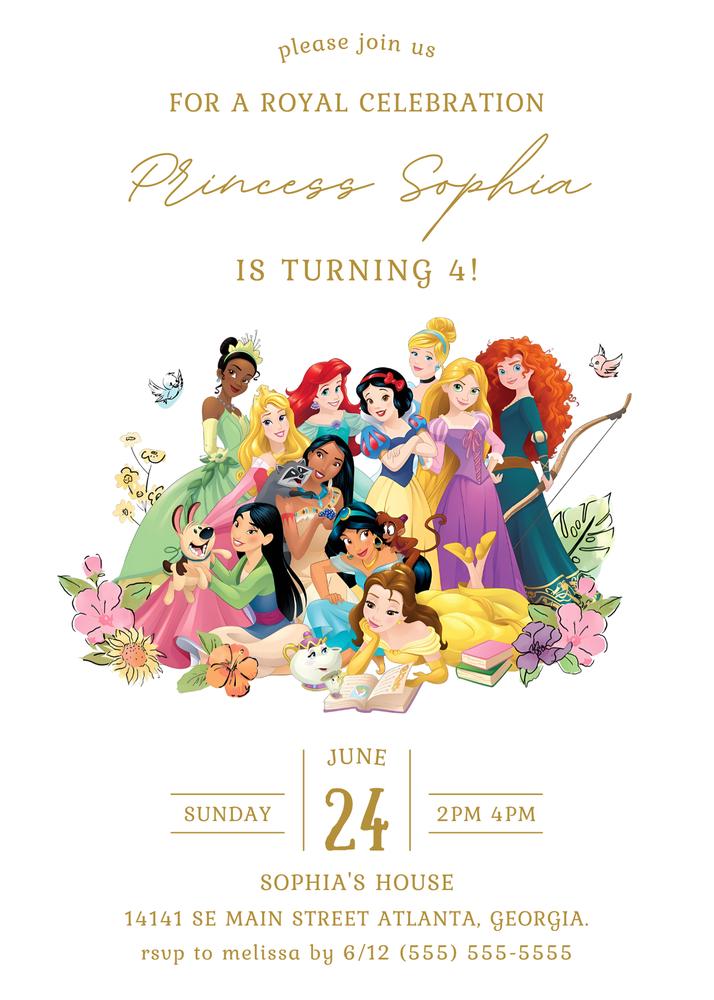 Disney Princess Gold Floral Birthday Invitation Template - Editable Canva Lead