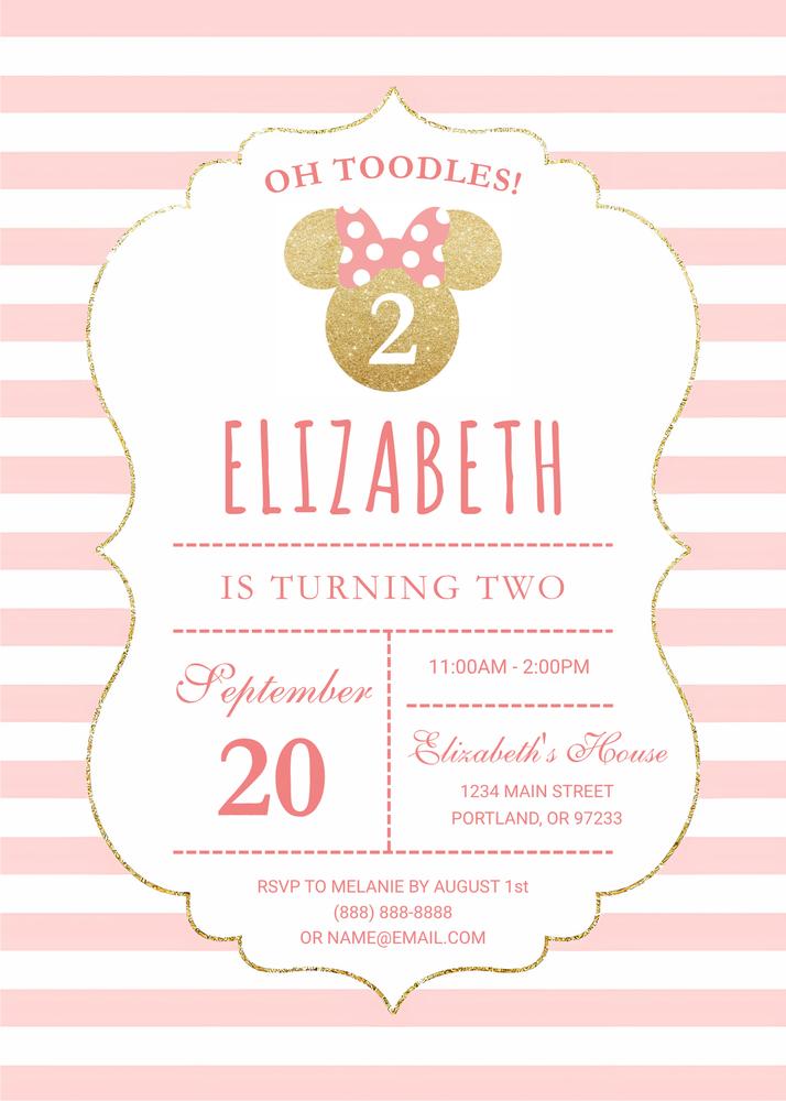 Minnie Mouse Birthday Invitation Template - Pink and Gold Striped Canva Edit