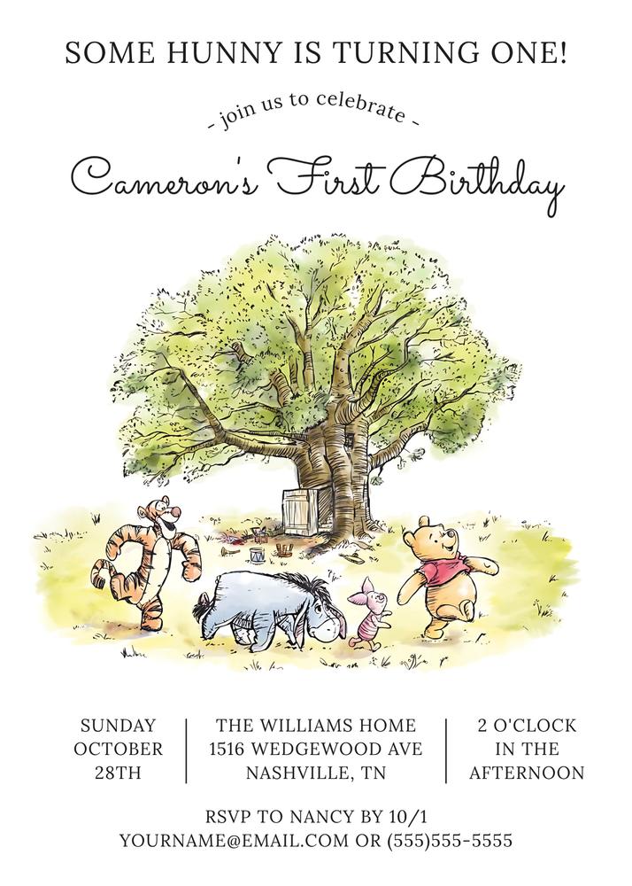 Editable Pooh & Friends Watercolor 1st Birthday Invitation Canva Template