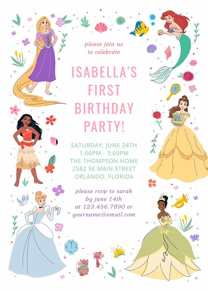 Disney Princess Birthday Invitation | Floral Photo Collage Canva Template