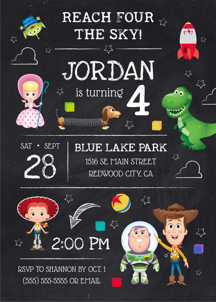 Toy Story 4th Birthday Chalkboard Invitation Template | Editable Canva Design