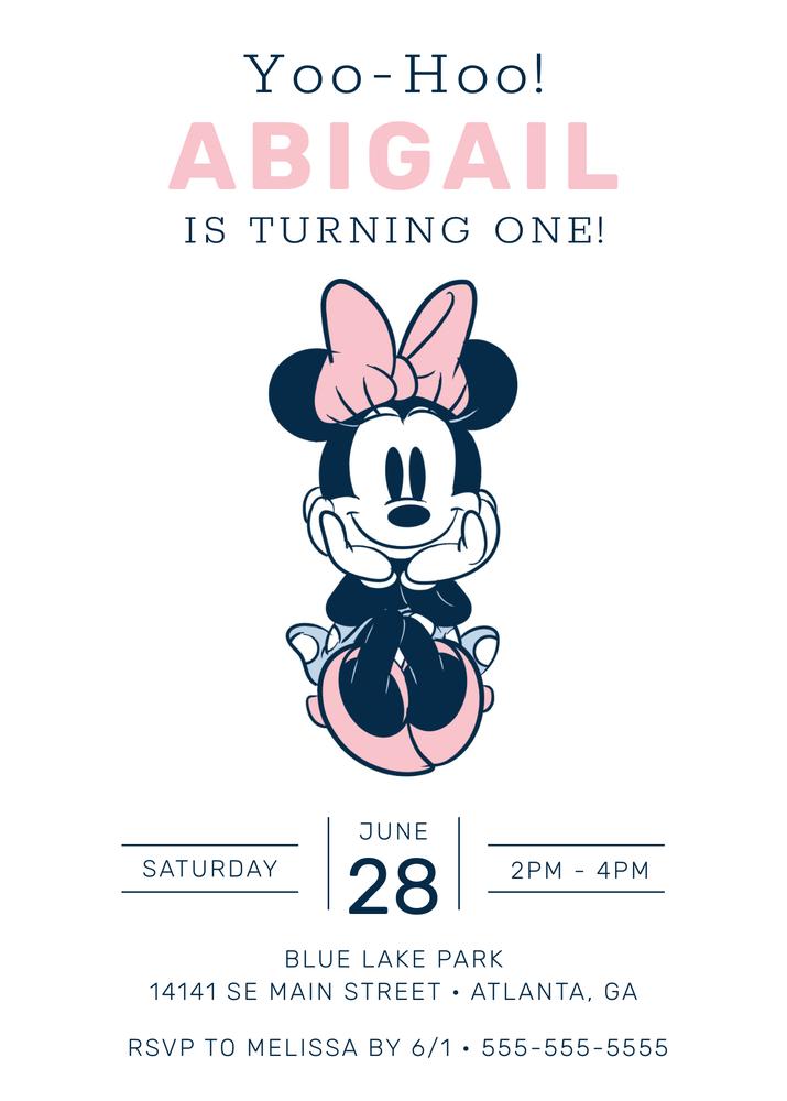 Minnie Mouse Pink and Blue 1st Birthday Invitation Template - Editable Canva