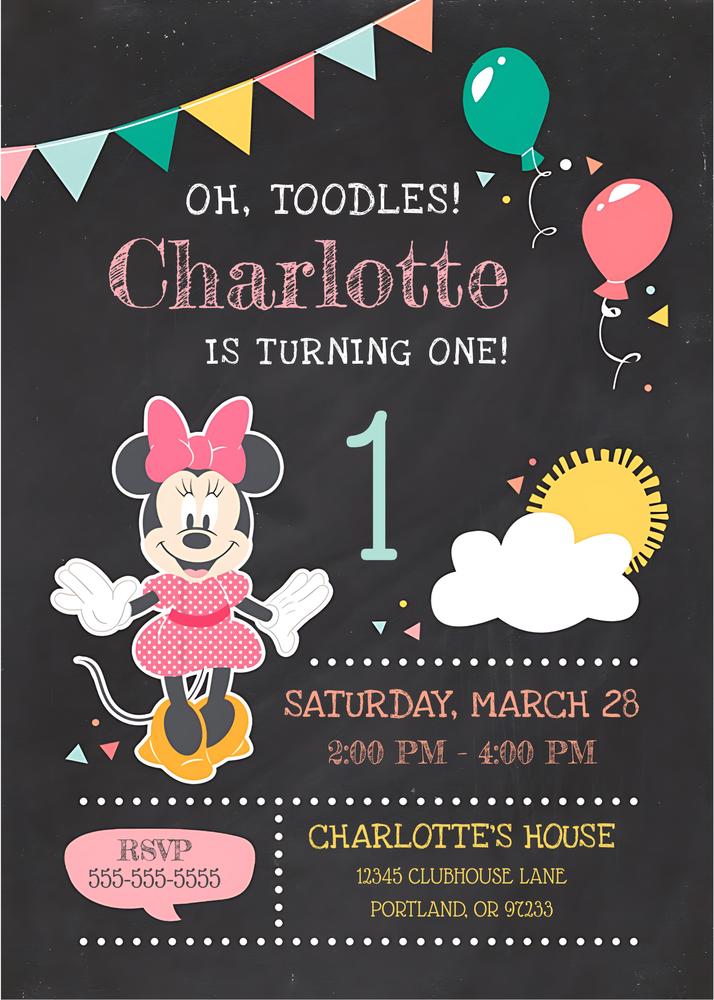 Minnie Mouse 1st Birthday Chalkboard Invitation | Editable Canva Template