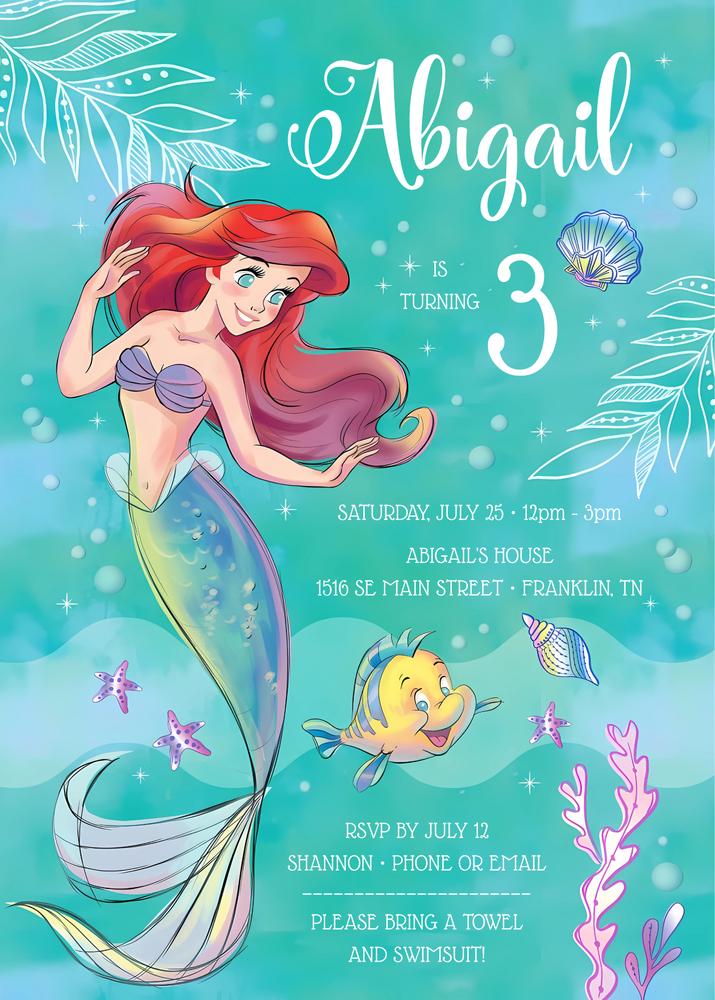 Little Mermaid Watercolor Birthday Invitation | Editable Canva Template