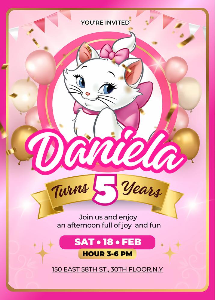 Editable Kitty Marie Birthday Invitation | Pink Cat Theme Canva Template