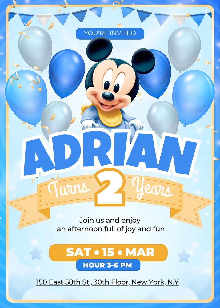 Baby Mickey Mouse Birthday Invitation | Editable Canva Template