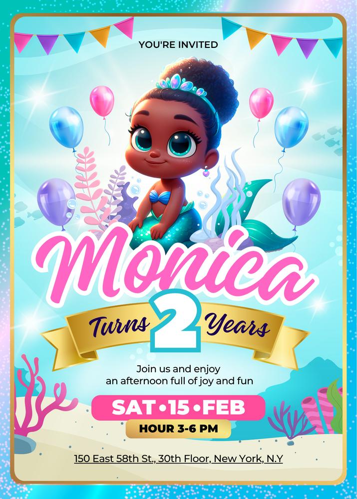 Editable Little Black Mermaid Birthday Invitation | Girl’s Canva Template