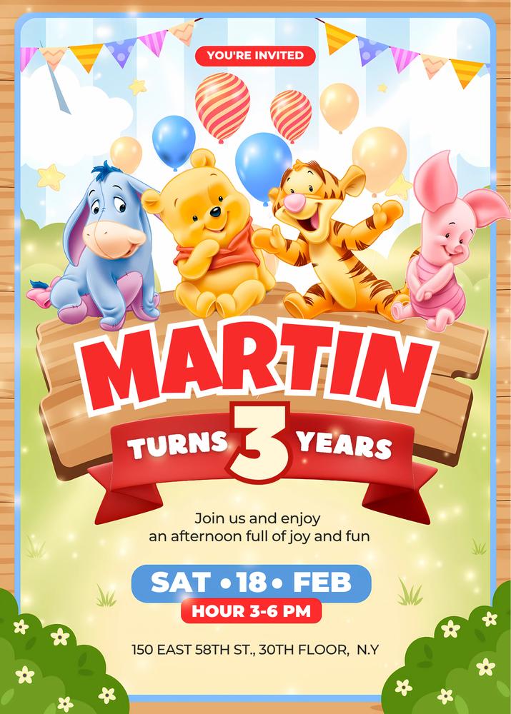 Winnie the Pooh Birthday Invitation | Editable Canva Template DIY Party Decor