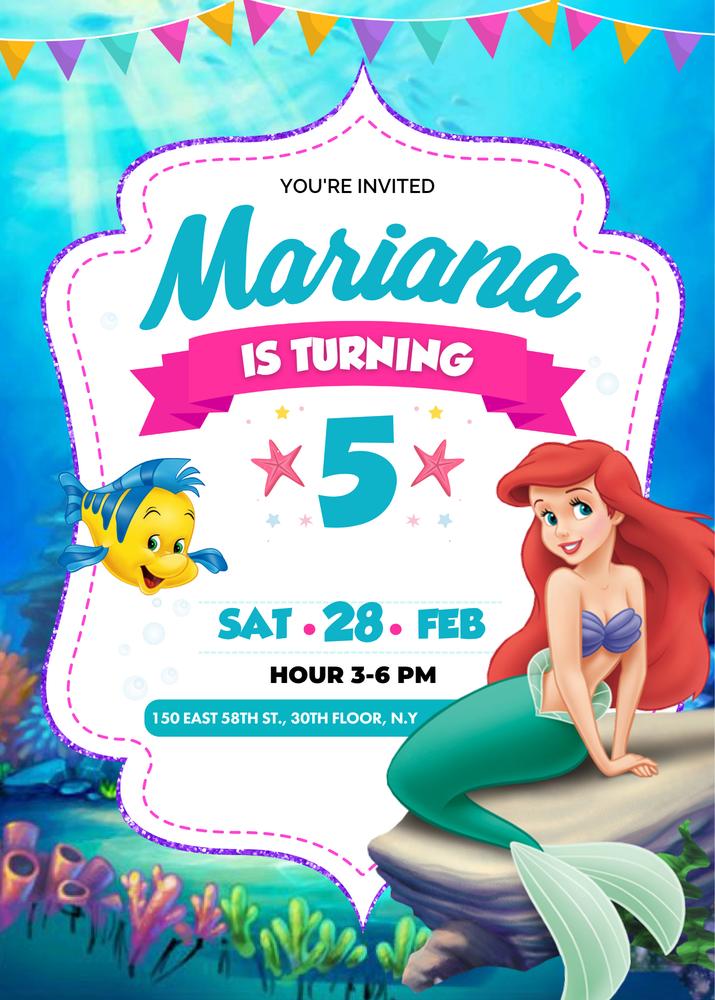 Ariel Little Mermaid Birthday Invitation | Editable Canva Template