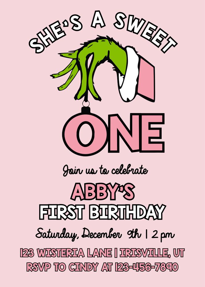 Pink Christmas Girl Grinch 1st Birthday Invitation | Sweet One Canva Template