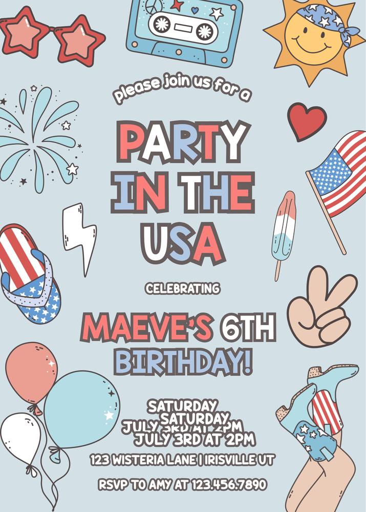 Retro 4th of July Birthday Invitation | Patriotic USA Party Canva Template