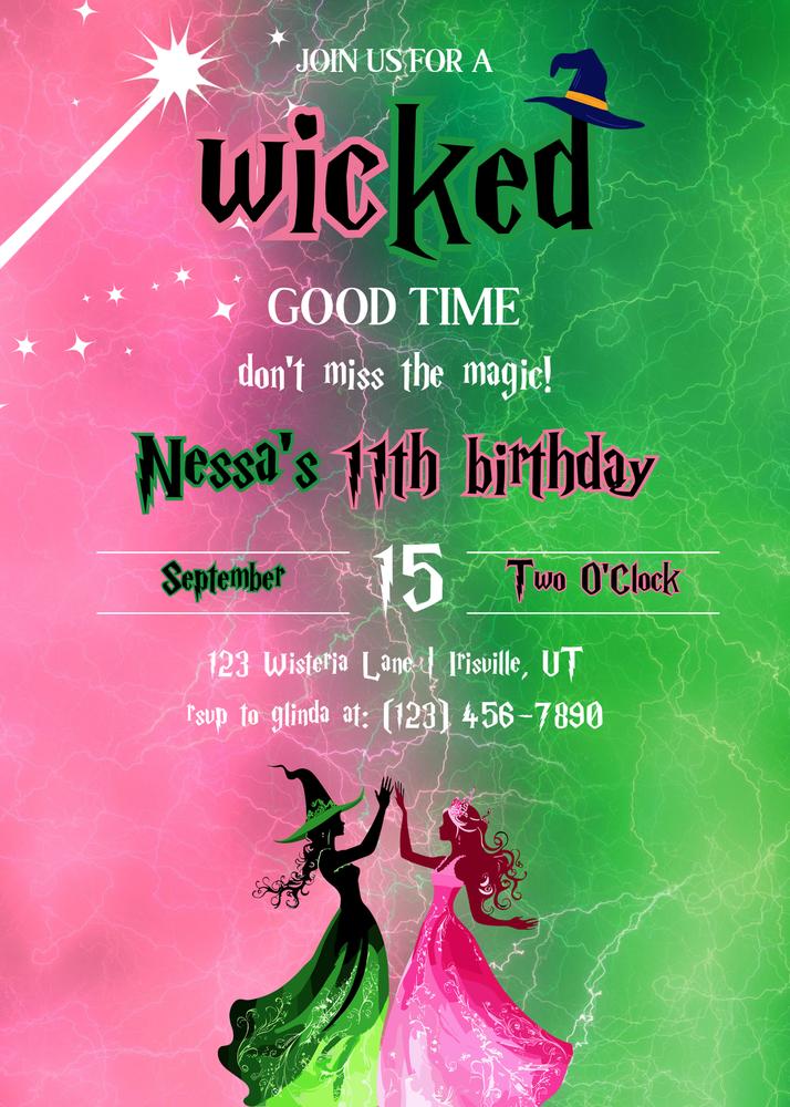 Wicked Birthday Invitation | Pink & Green Wizard Musical Canva Template