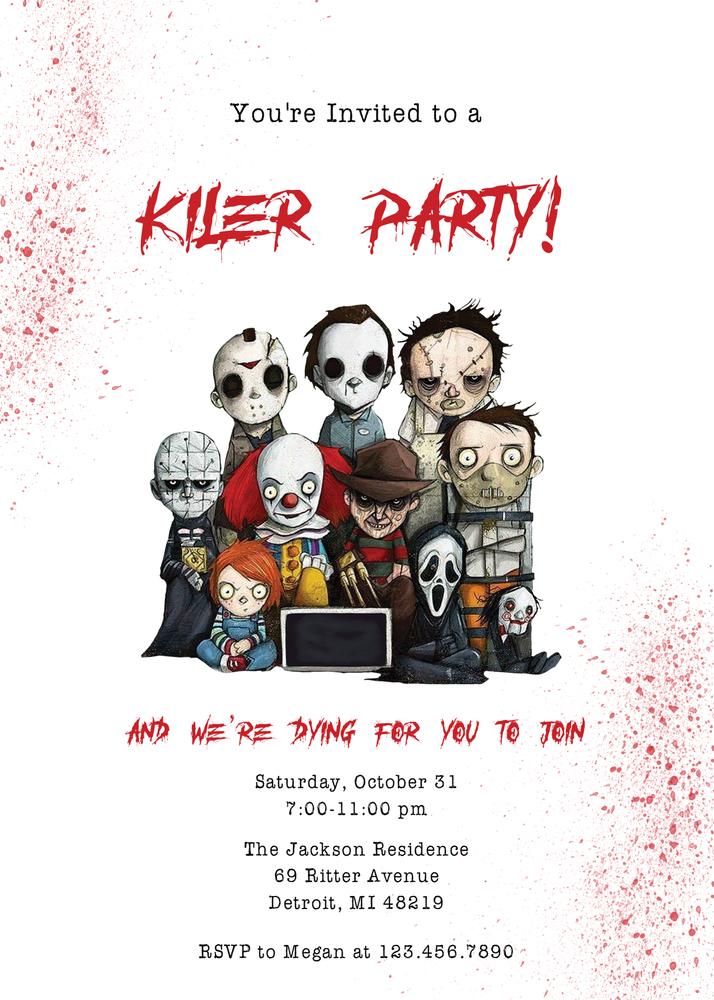 Horror Mini Character Halloween Birthday Invitation - Editable Canva Template