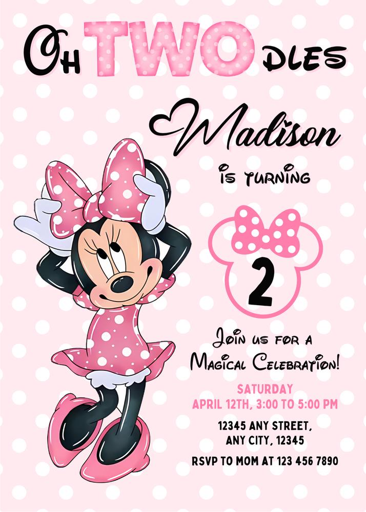 Oh Twodles Minnie Mouse 2nd Birthday Invitation | Editable Canva Template