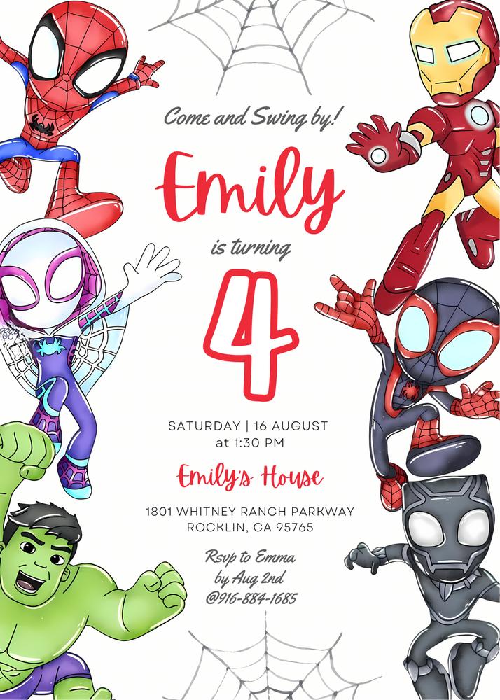 Watercolor Spidey and His Amazing Friends Birthday Invitation Canva Template