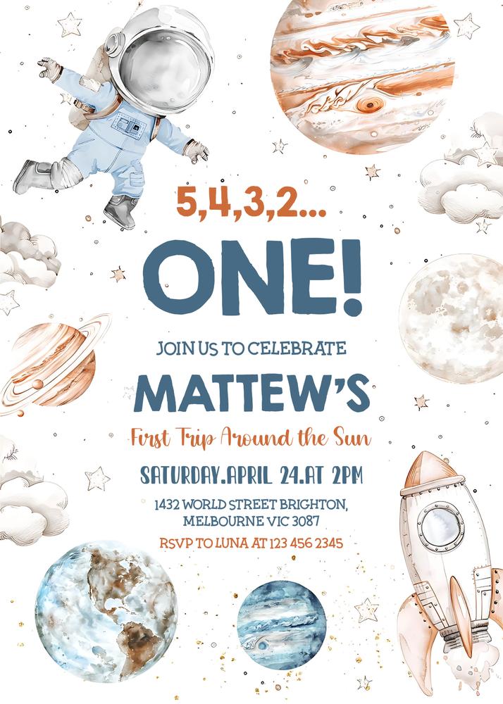 First Trip Around the Sun Birthday Invitation | Editable Canva Space Template