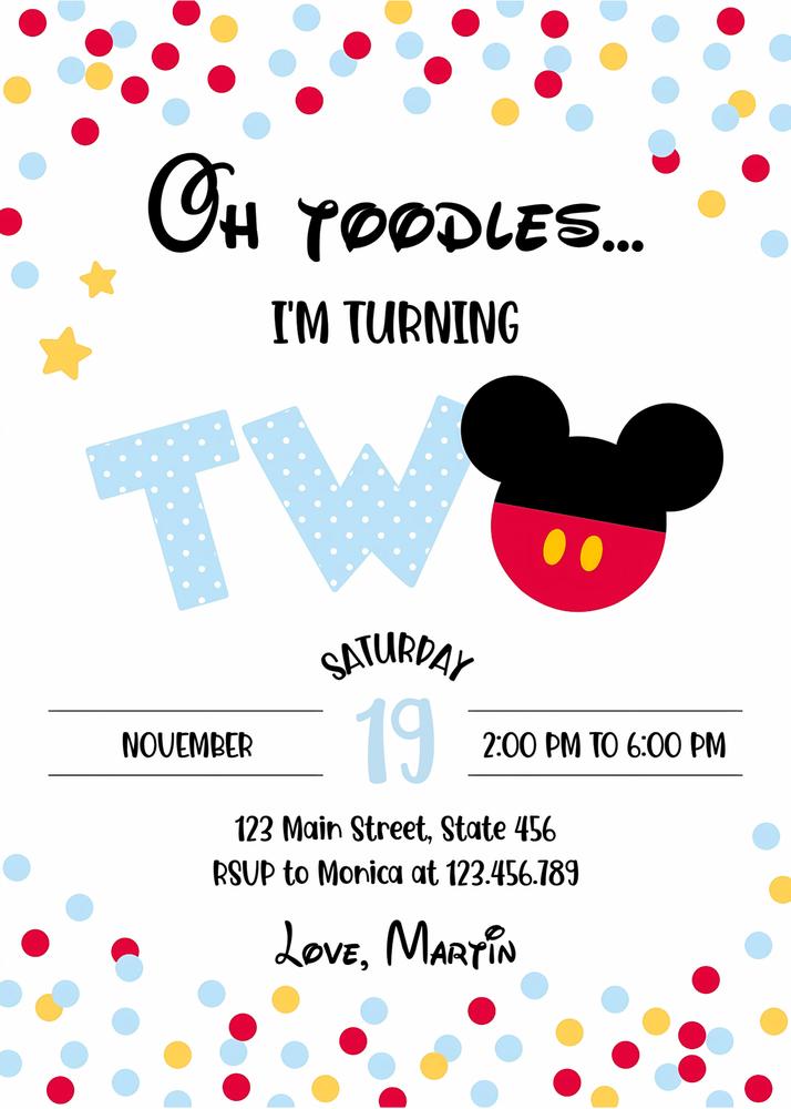 Mickey Mouse Two Birthday Party Invitation | Editable Canva Template DIY
