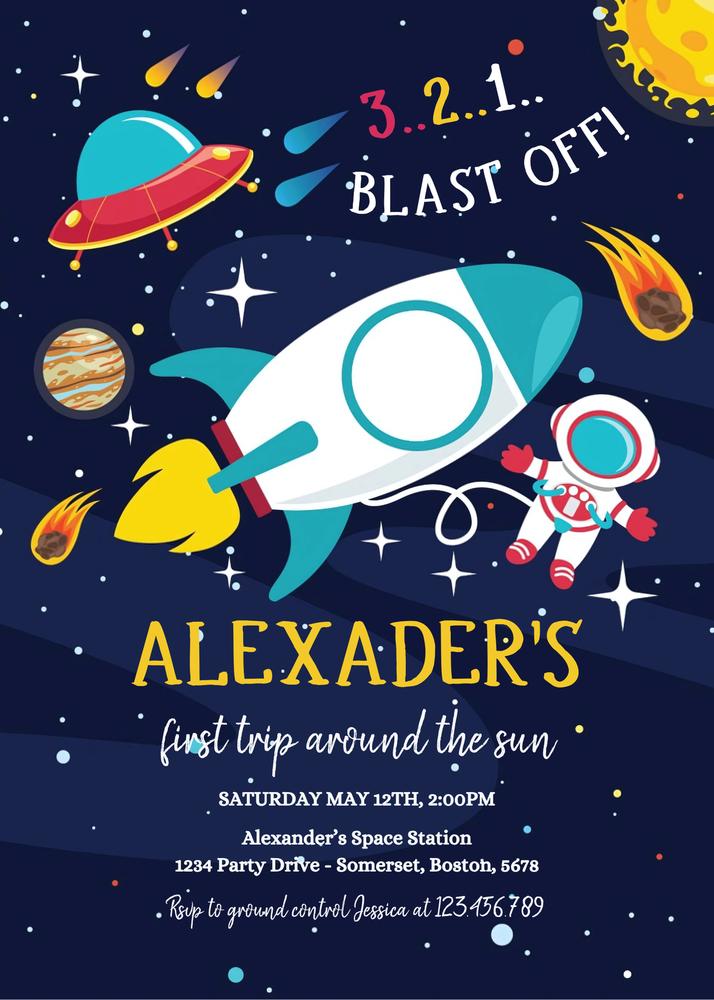 Editable Astronaut Birthday Invitation | Outer Space Blast Off Canva Template