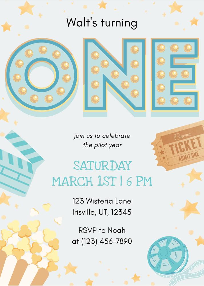 Editable Movie Night Birthday Invite | Blue & Pink Movie Marathon Canva Template