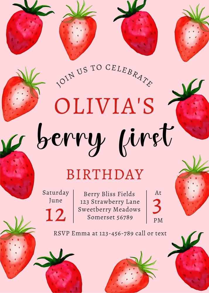 Berry First Birthday Photo Invitation | Sweet Strawberry Canva Template
