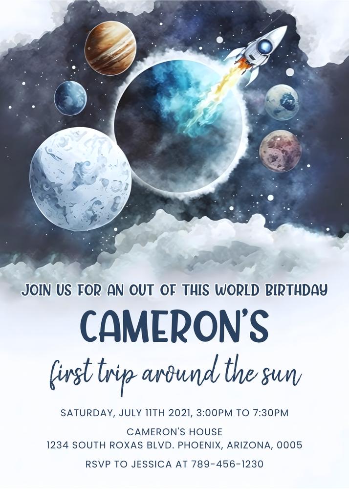 Outer Space 1st Birthday Invitation Template, Boys Rocket Ship Canva Edit