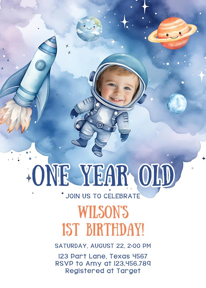 Outer Space 1st Birthday Photo Invitation Template | Astronaut Boy Canva