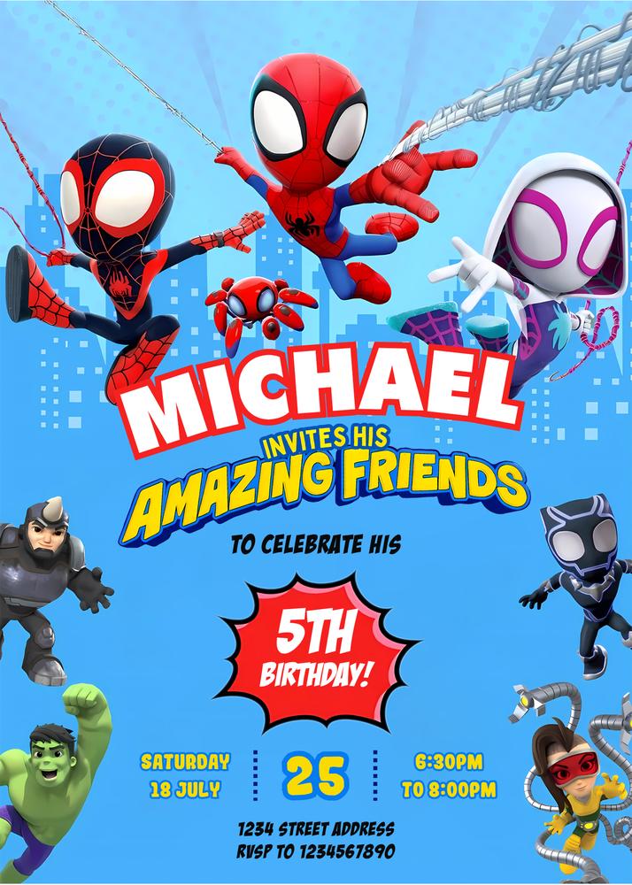 Spidey and His Amazing Friends Birthday Invitation | Editable Canva Template