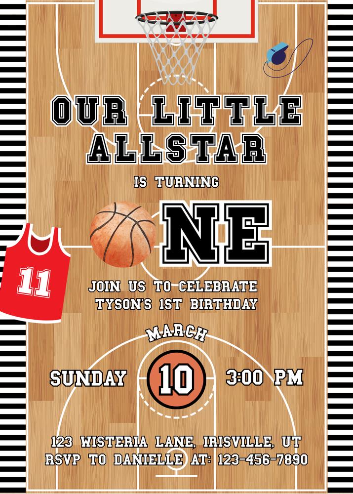 Basketball First Birthday Invitation | Editable Sports Rookie Year Canva Template